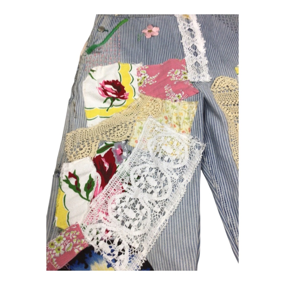 Upcycled Vintage Key Bib Railroad Striped Overalls Embroidered Crochet Parchwork - Picture 8 of 14